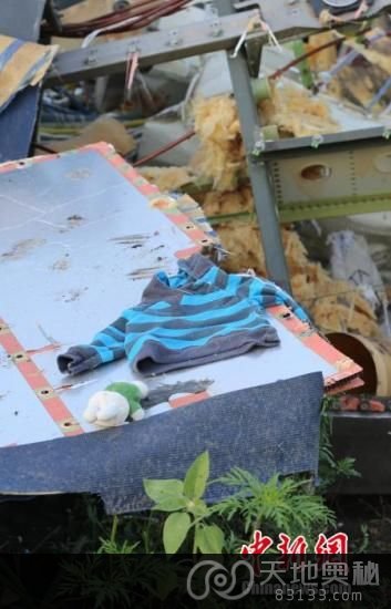 资料图：19日的马航失事飞机坠毁现场。马航残骸处的一件童衣，旁边是附近居民摆放的一个儿童玩具。17日，一架马来西亚航空公司的波音777客机在靠近俄罗斯边界的乌克兰东部地区坠毁，机上乘客和机组成员共298人全部遇难。中新社发 王修君 摄