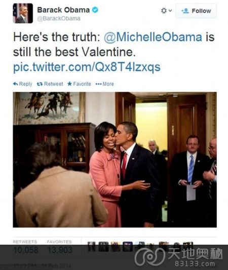 米歇尔在推特上贴出两人的逗趣组图，并写道：“巴拉克(奥巴马)，我永远都是你的情人，情人节快乐。”