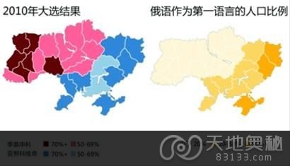 左图：乌克兰2010年大选结果 右图：俄语作为第一语言的乌克兰人口比例 制图/张佳琪