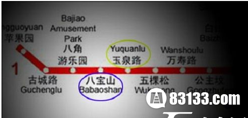 北京地铁一号线八宝山站示意图
