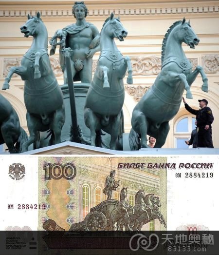 俄罗斯目前流通的100卢布纸币图案及其原型景点。